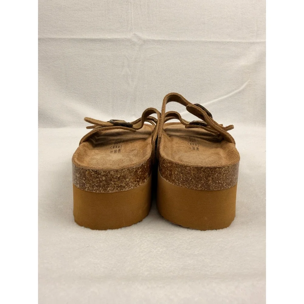Project Cloud Tan Suede Platform Slide Sandals Triple Buckle Memory Foam US 7